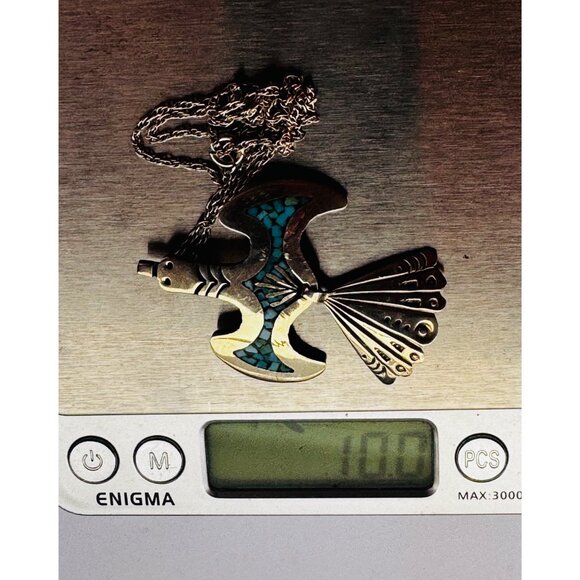 Vintage Sterling Silver Turquoise Inlay Thunderbird Pendant Necklace 10g, 16"in - Picture 11 of 11